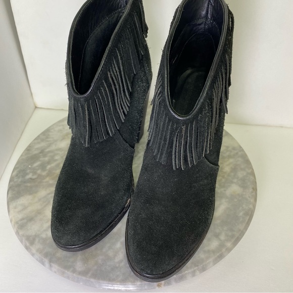 Joie Loren Black Suede Fringe Leather Heeled Ankle Boots - Picture 9 of 11